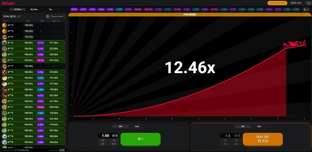 Aviator demo - tela FUN MODE com multiplicador